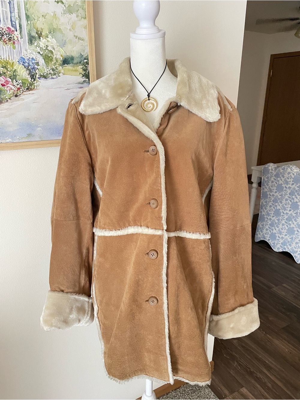 Bernardo Penny Lane 90s Y2K Genuine Suede Shearling Faux Fur Trim Coat Petite XL